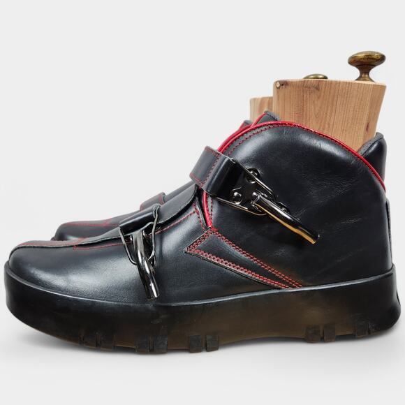 Vintage Prada Red Stripe Platform Boots Black Mens 9 (US 10) Made in Italy - Picture 7 of 16